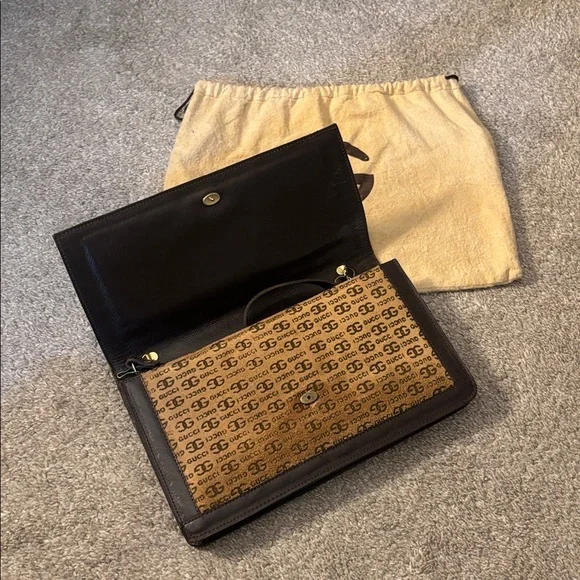 🐿️ Vintage 1980s Gucci GG Monogram Canvas Clutch Shoulder Bag Brown Leather Trim - Picture 4 of 15
